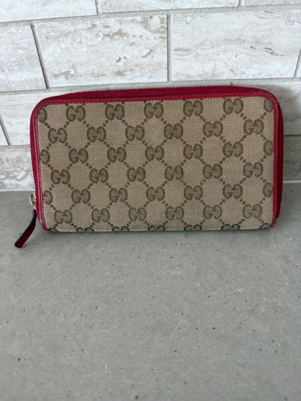 Gucci Beige Monogram Zip Around Wallet with Red Trim